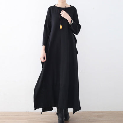 ブティック風 ダークブルー ニットワンピース 大きいサイズ レディース サイドスリット 秋 フェイク2ピース