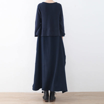 ブティック風 ダークブルー ニットワンピース 大きいサイズ レディース サイドスリット 秋 フェイク2ピース