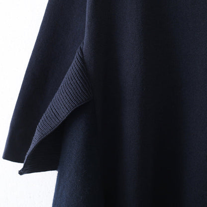 ブティック風 ダークブルー ニットワンピース 大きいサイズ レディース サイドスリット 秋 フェイク2ピース