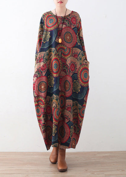 ヴィンテージ風 ブルー×レッド プリント セーターワンピース プラスサイズ レディース カジュアル Oネック 冬ワンピース