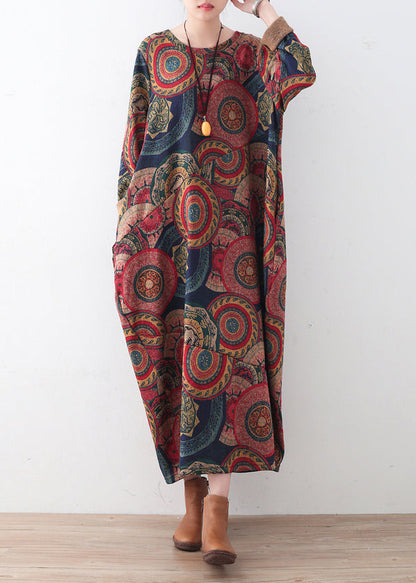ヴィンテージ風 ブルー×レッド プリント セーターワンピース プラスサイズ レディース カジュアル Oネック 冬ワンピース