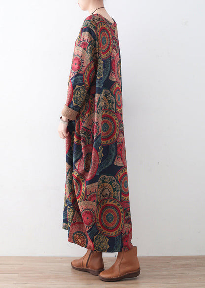 ヴィンテージ風 ブルー×レッド プリント セーターワンピース プラスサイズ レディース カジュアル Oネック 冬ワンピース