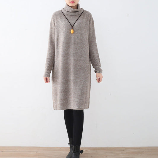 レディース カーキ ニットワンピース 秋 ファッション ハイネック ヴィンテージ 透かしデザイン